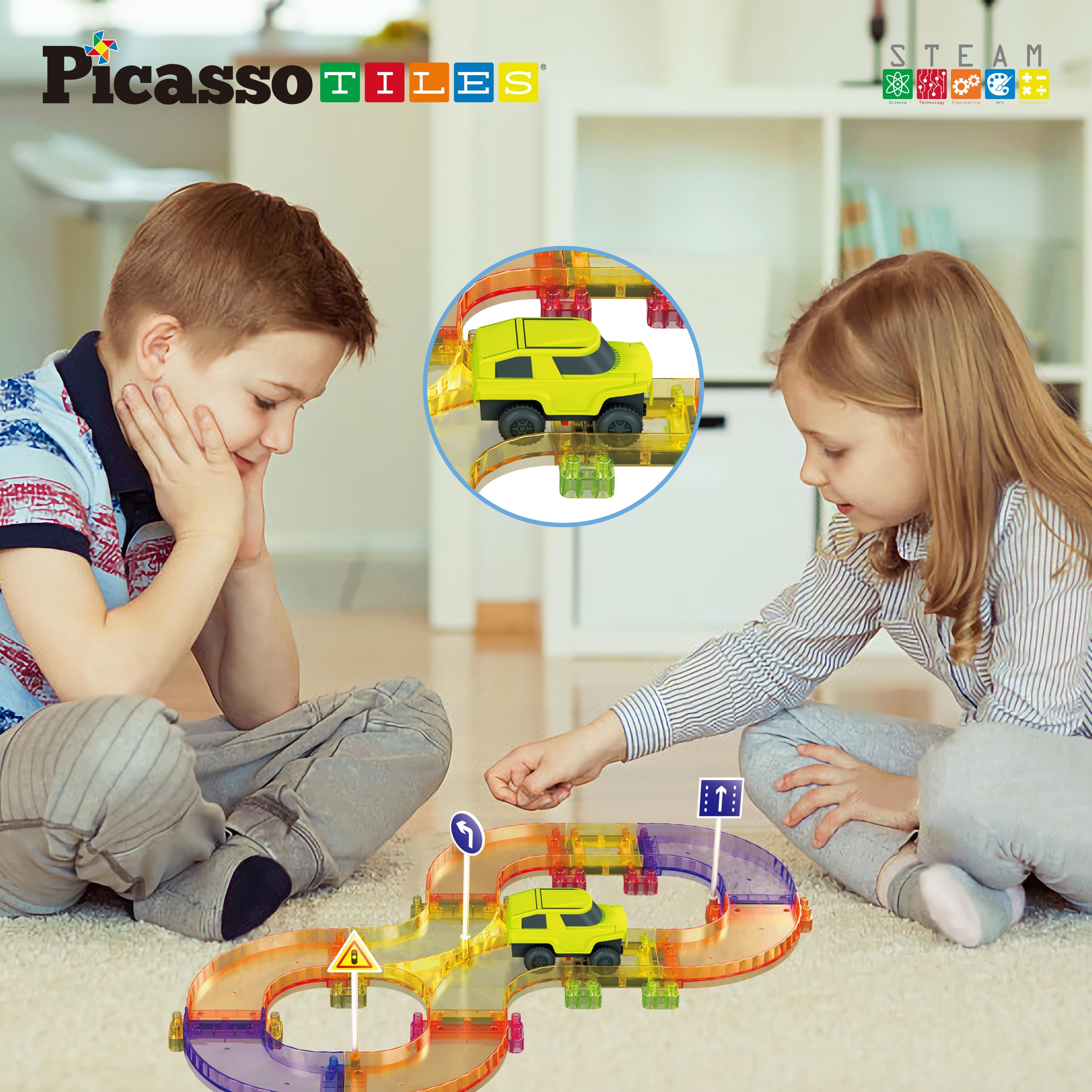PicassoTiles PTMR40 magnetic tiles close-up showing magnets and safe, smooth edges.