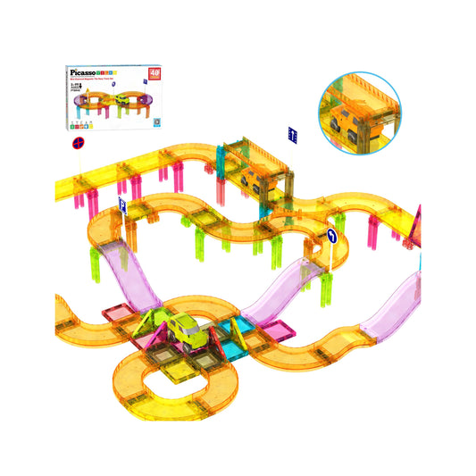 PicassoTiles PTMR40 race-track tiles with magnetic edges for easy on-the-go building.