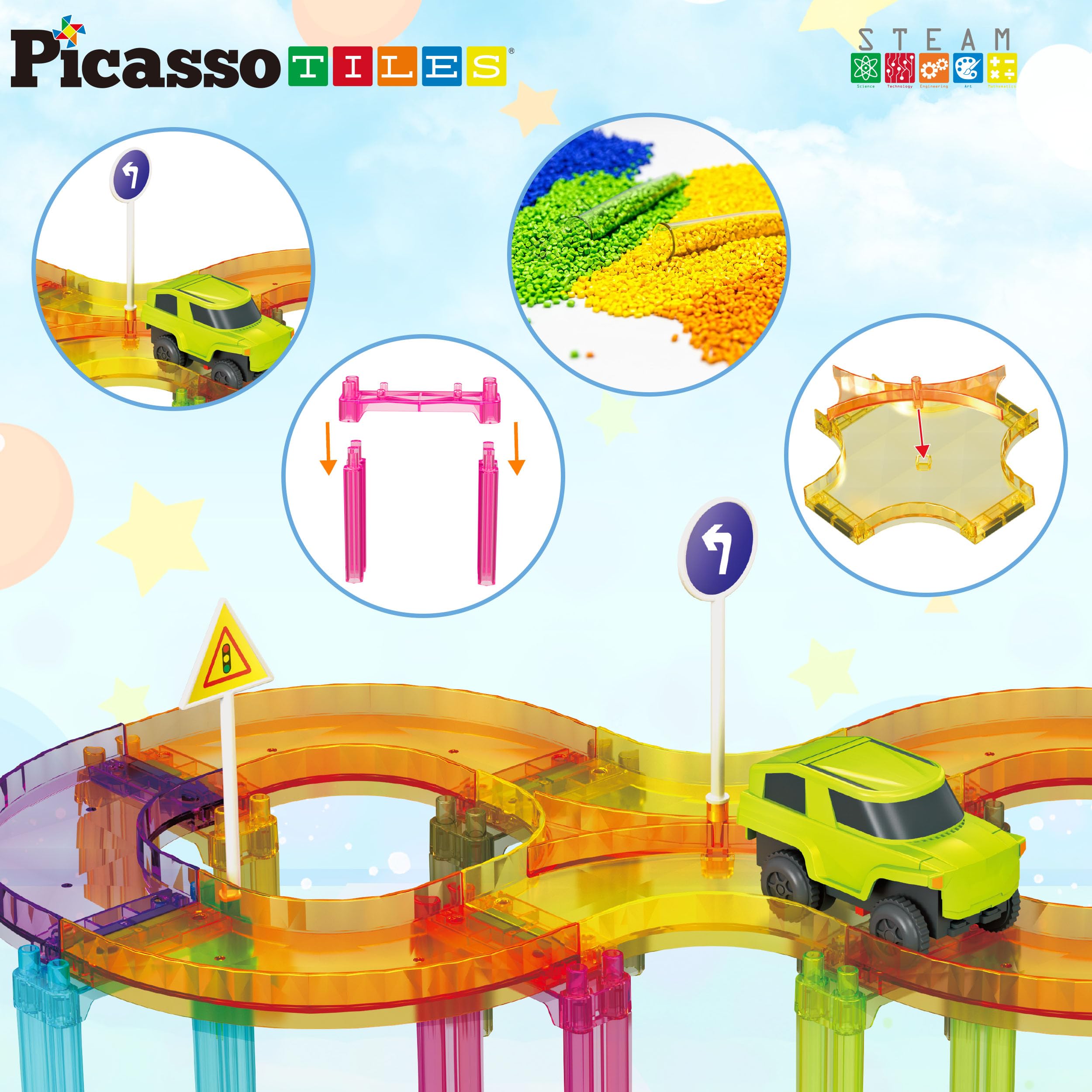 PicassoTiles PTMR40 slopes and columns enable dynamic race layouts.