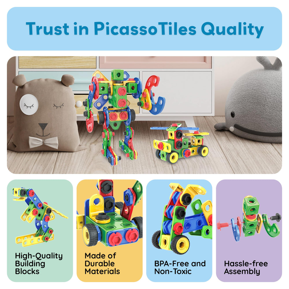 PicassoTiles PTN152 nuts and bolts handling enhances dexterity and problem solving.