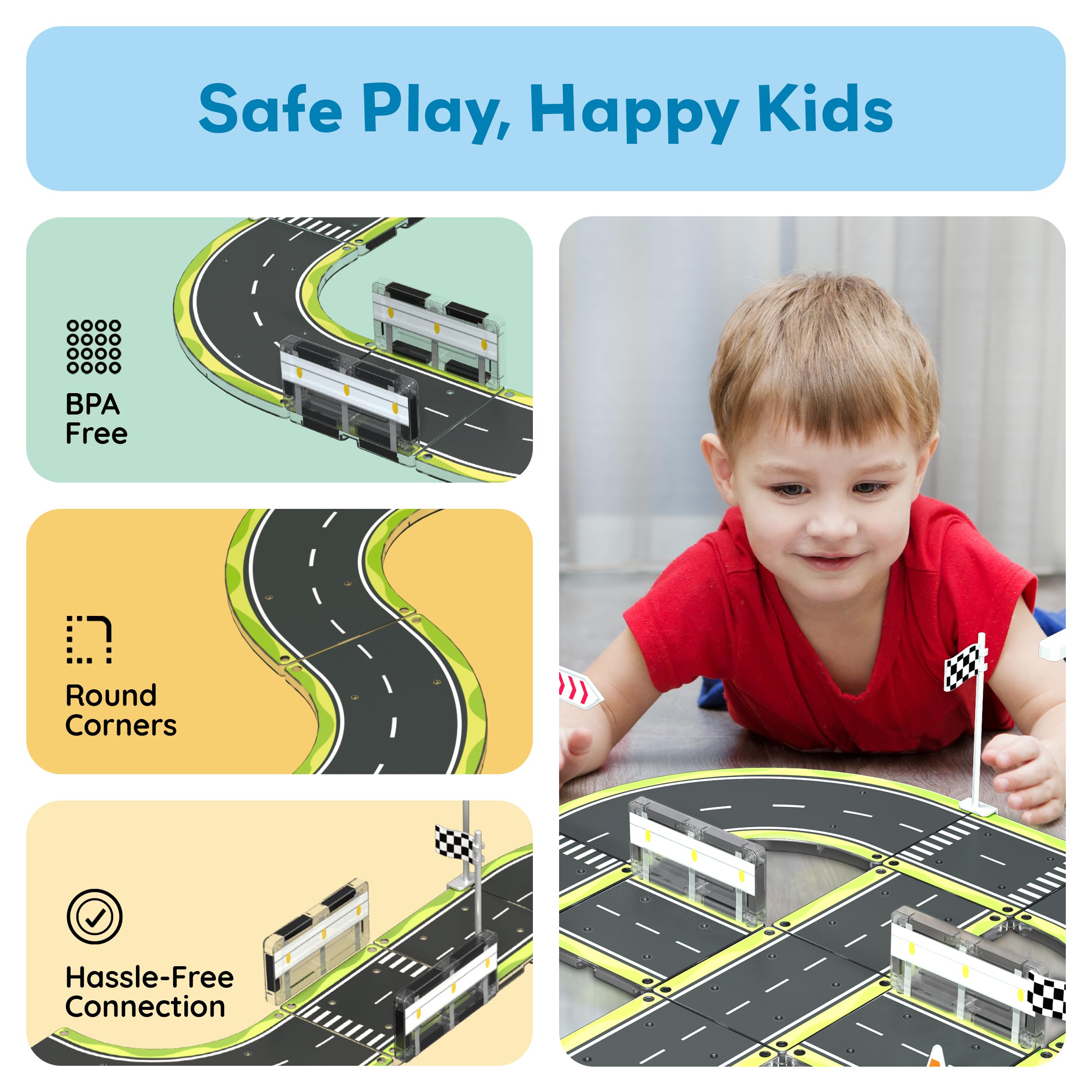 PicassoTiles race-track extension pairs with other sets for expanded construction play.