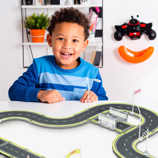 PicassoTiles road bumper barrier tiles create safe, defined race lanes during pretend play.