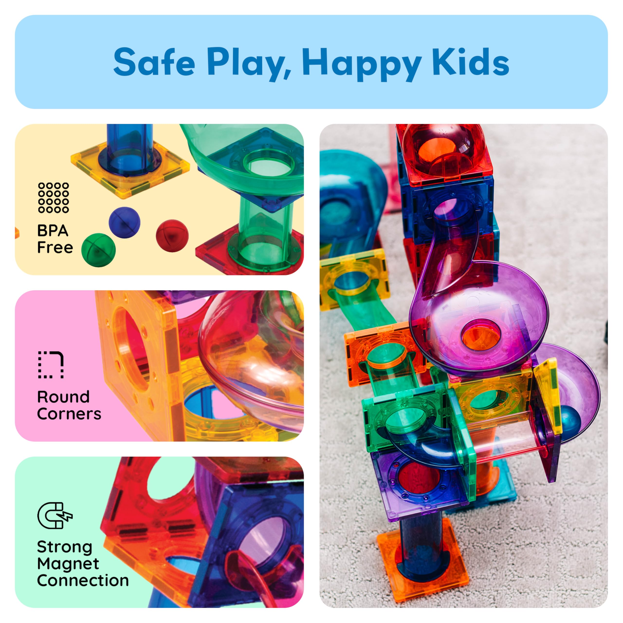 PicassoTiles steel-balls provide satisfying weight for smooth marble runs.