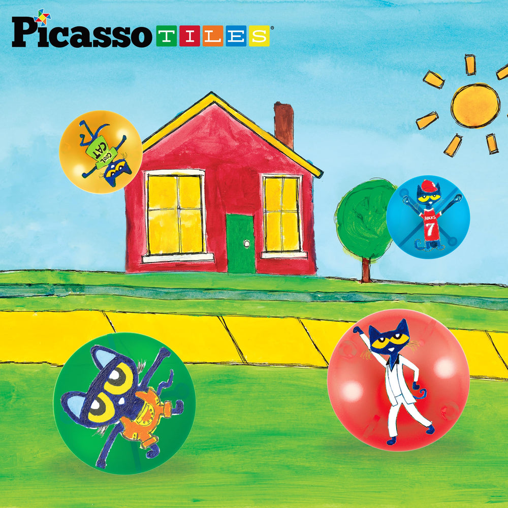 PicassoTiles classroom STEM activity with Pete Cat marble run pieces