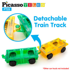PicassoTiles trailer tow-hook enables car-to-train linking for expanded play scenes.