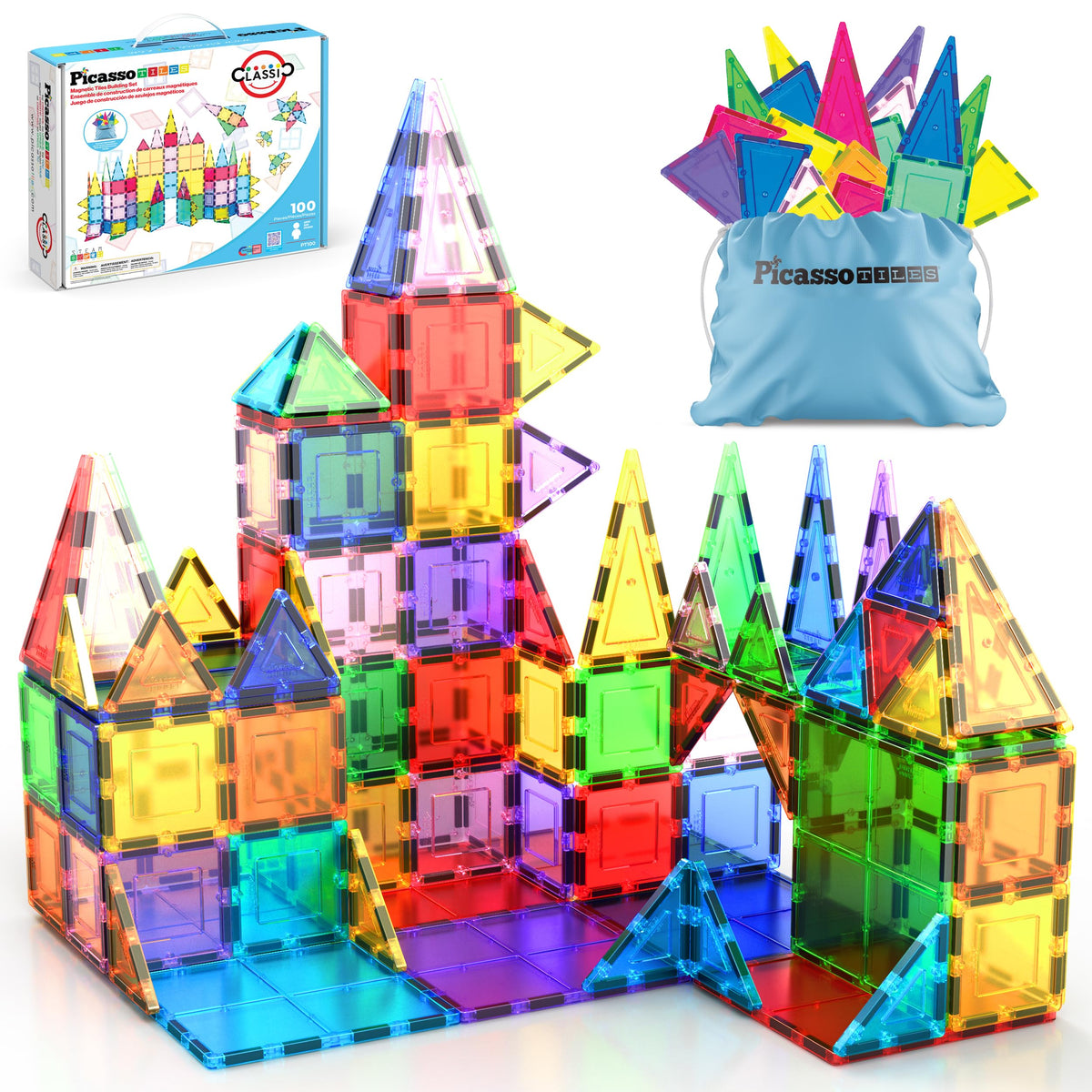 PicassoTiles 100-piece set with magnetic tiles for expansive, imaginative construction.