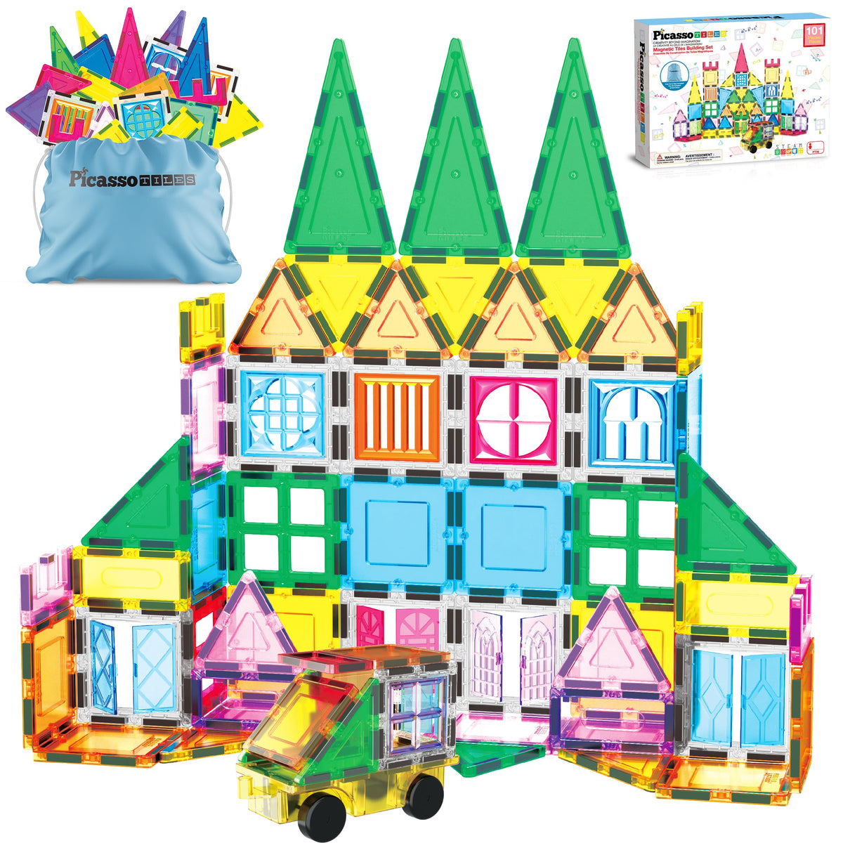 PicassoTiles 101-piece set with doors and windows enhances imaginative play and storytelling.