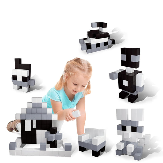 PicassoTiles 101pc magnetic cubes in black and white for pixel art and tactile exploration.