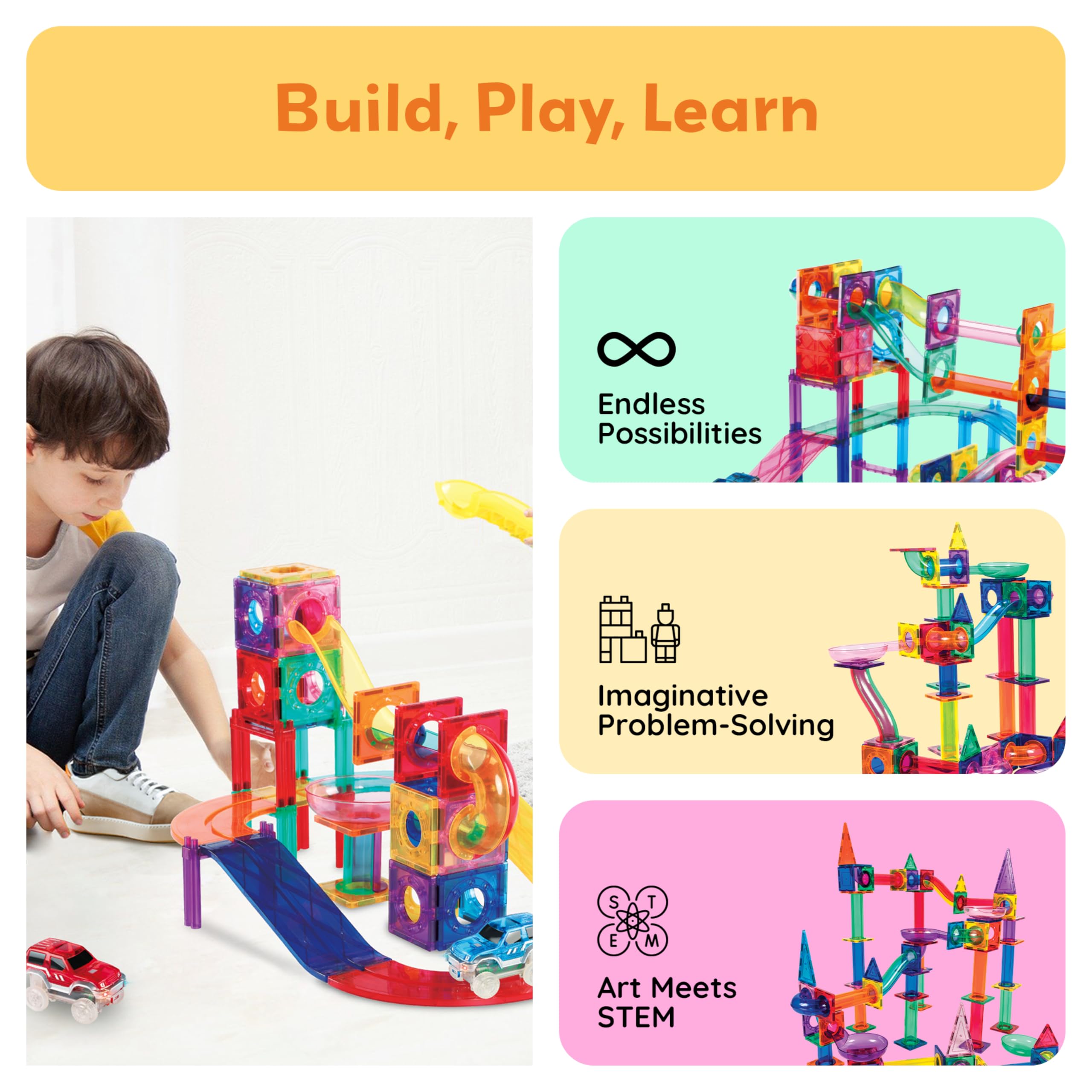 PicassoTiles magnetic race track slides offer fast, safe racing play.