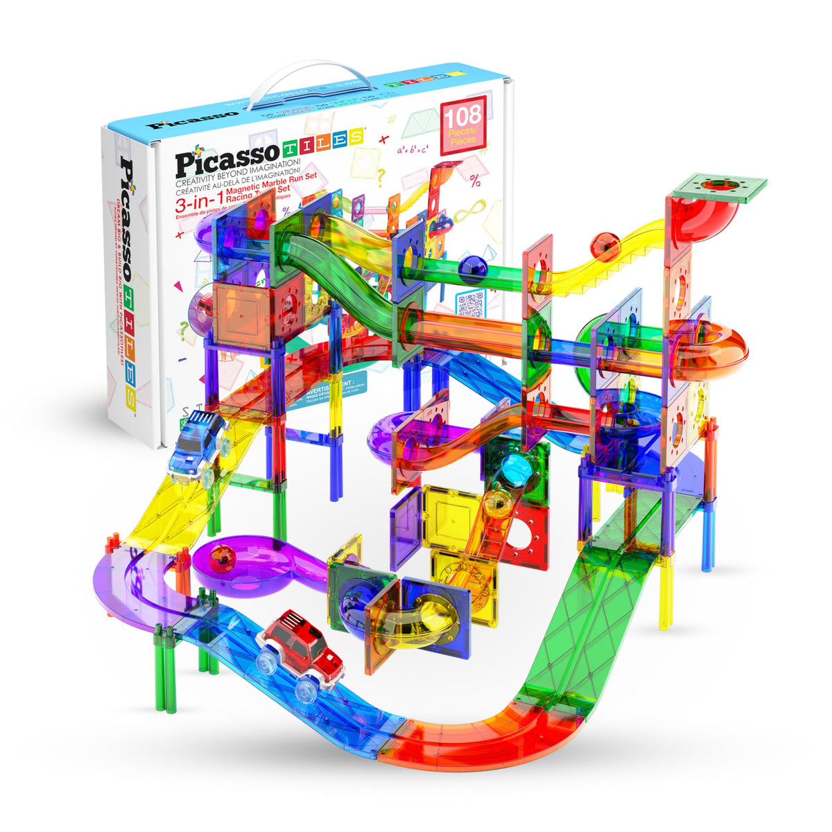 PicassoTiles 108pc marble run tower with magnets enabling hands-on engineering.