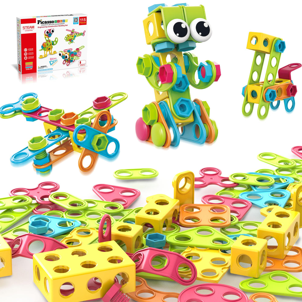 PicassoTiles 115-piece set enables creative building with hands-on learning for curious kids.