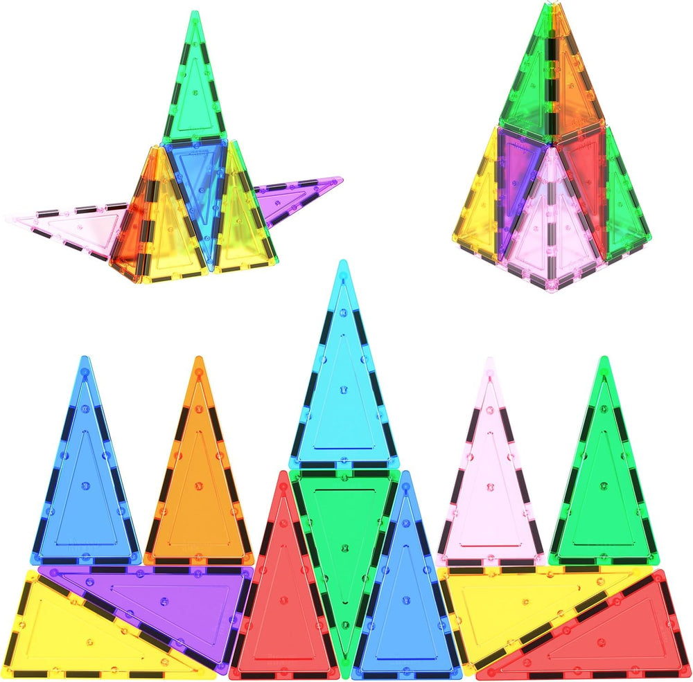 PicassoTiles 12pc tall triangle tiles enabling expanded towers and imaginative play.