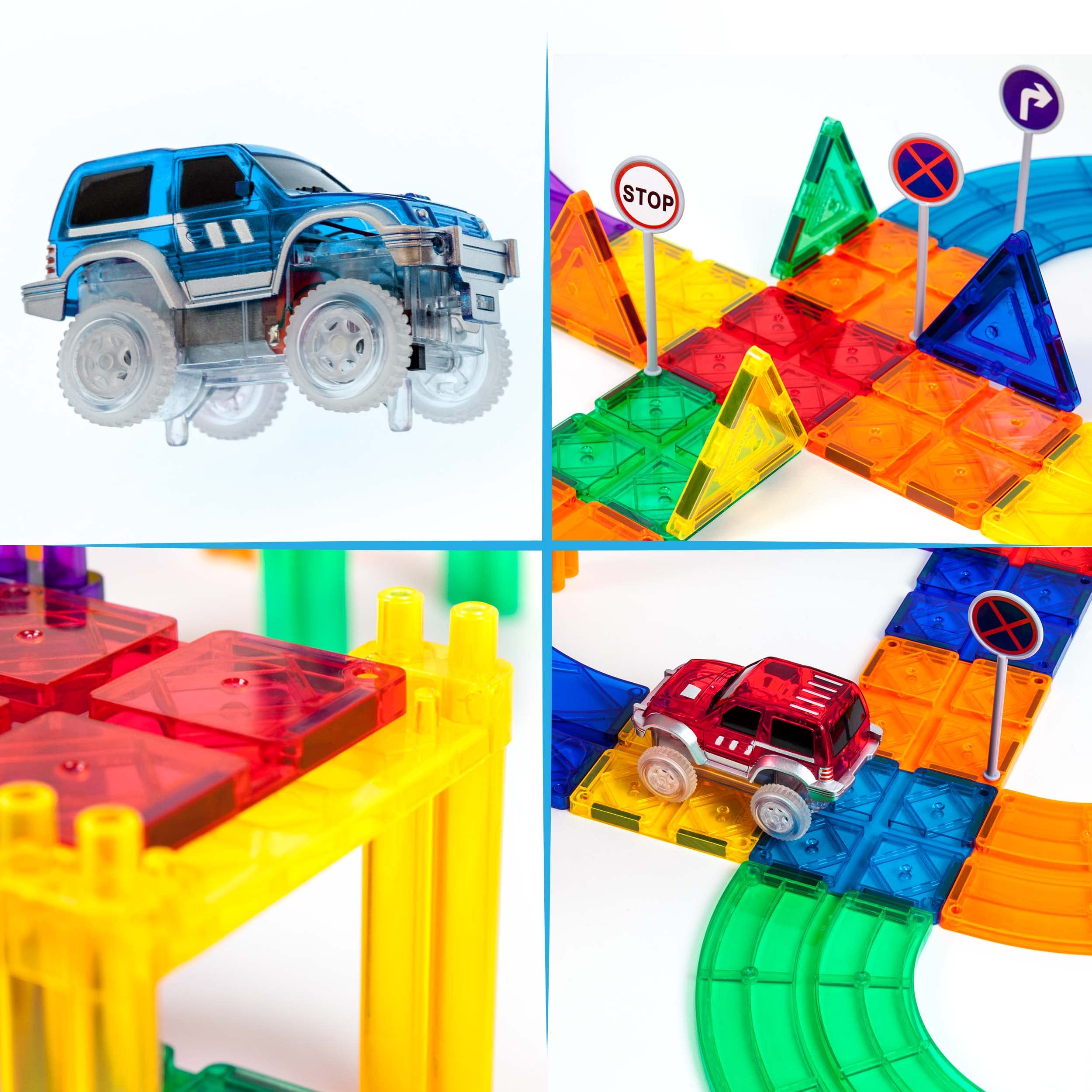 PicassoTiles 16 pillars and 4 ramps create tall, multi-layer tracks with varied elevations.