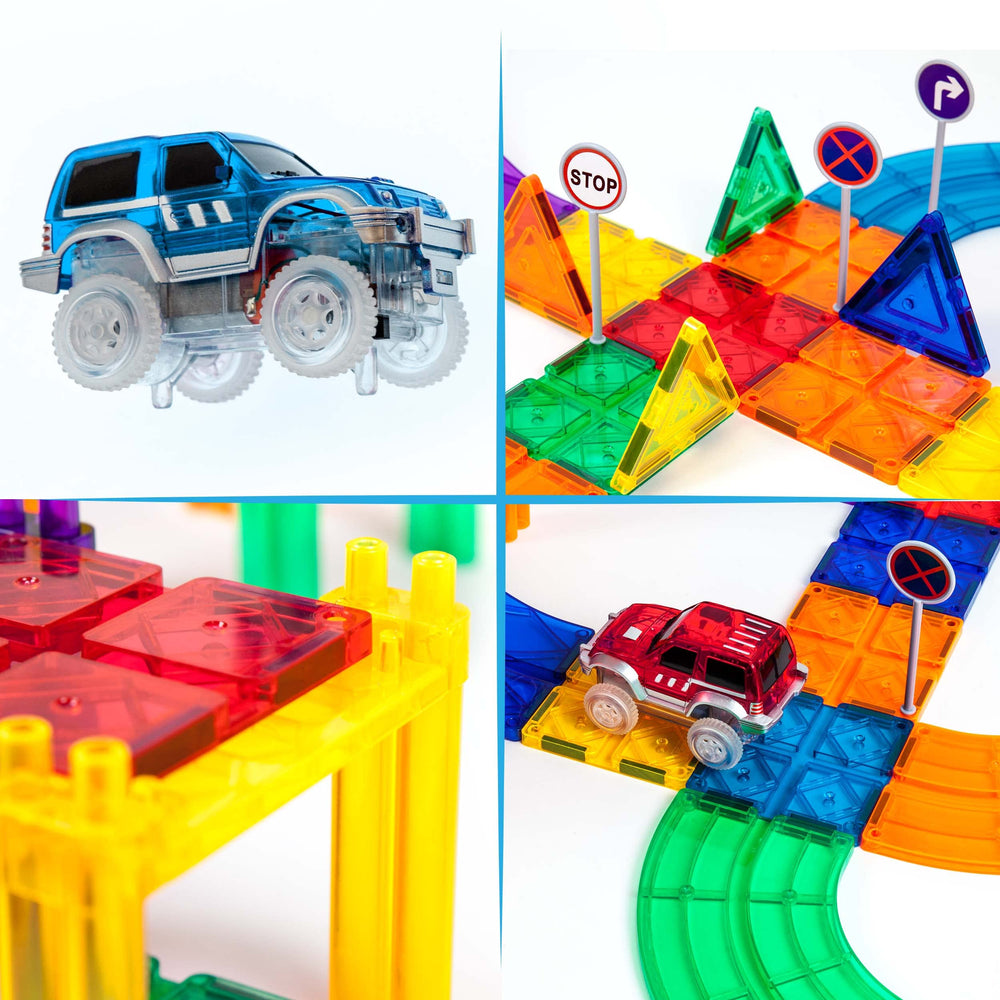 PicassoTiles 16 pillars and 4 ramps create tall, multi-layer tracks with varied elevations.