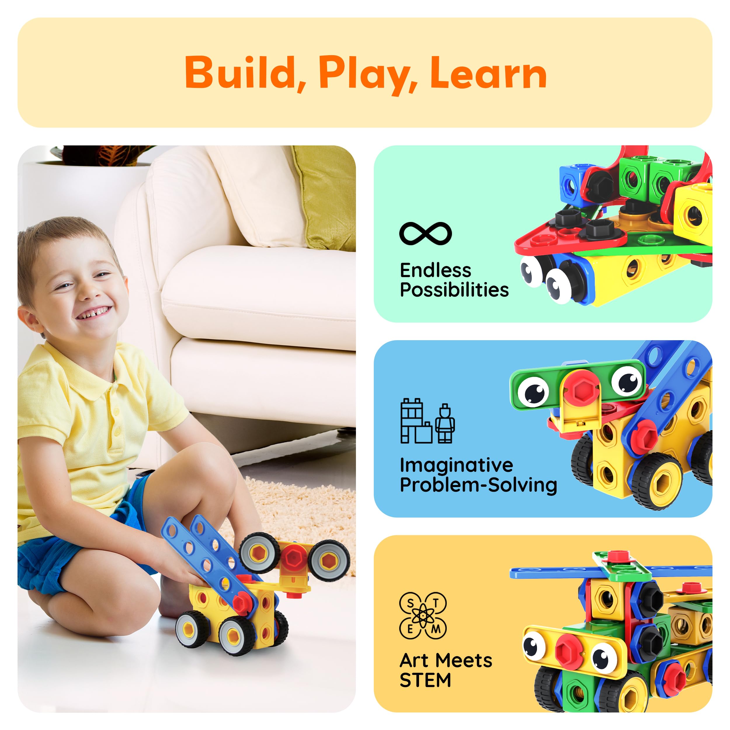 PicassoTiles 201pc bolts and wheels unlock movable, functional structures for playtime.