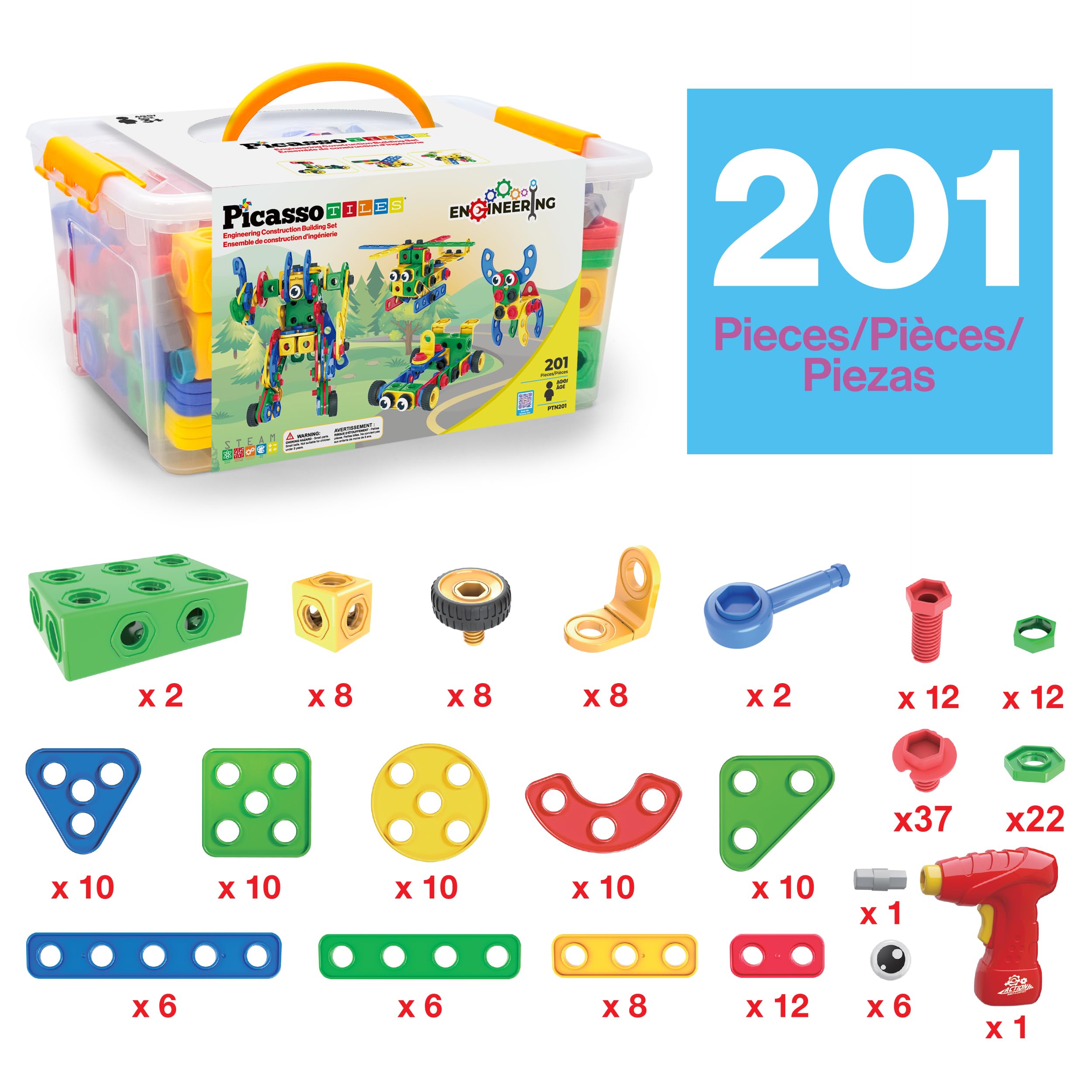 PicassoTiles 201pc clickable ratchet supports quick, satisfying builds for kids.