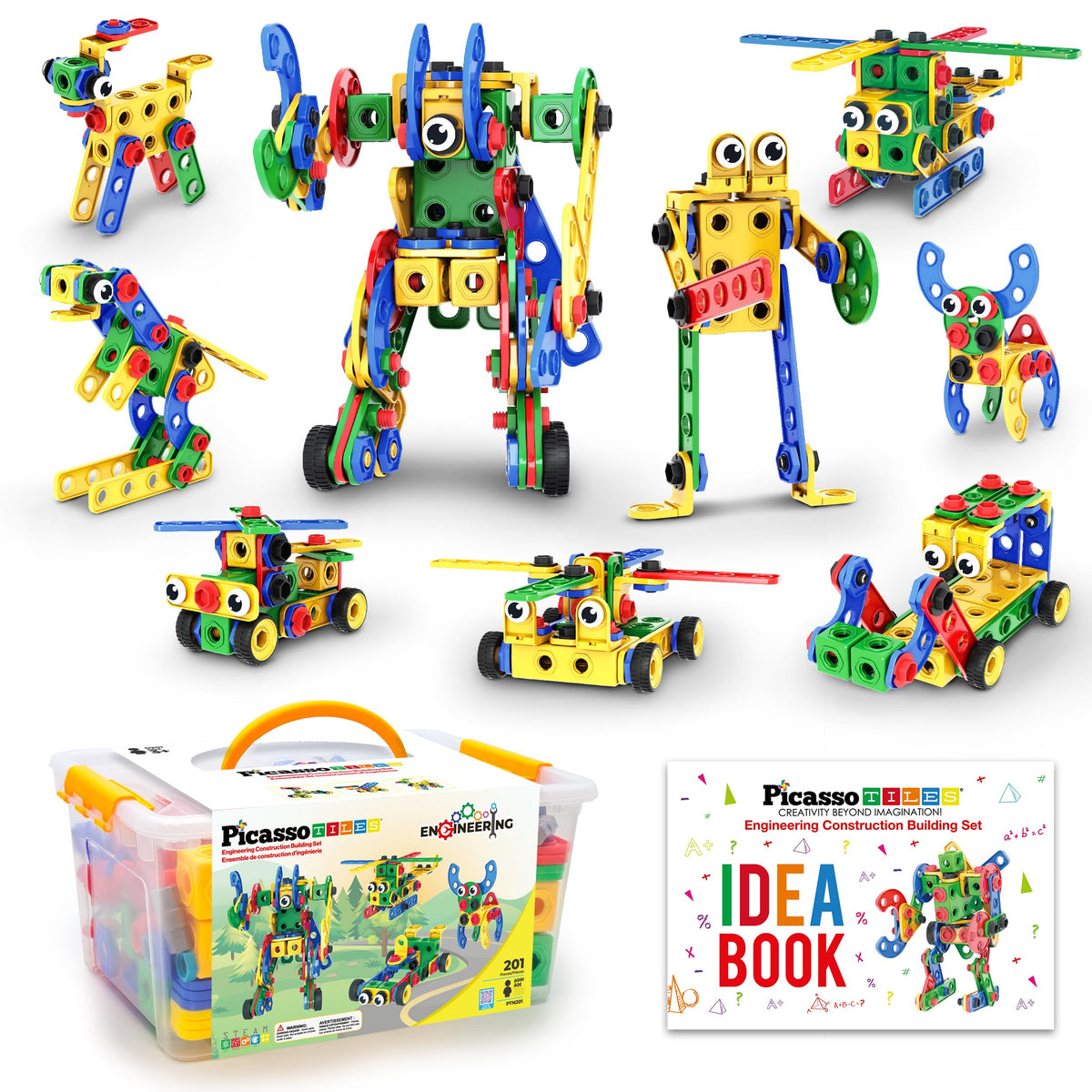 PicassoTiles 201pc idea book guides creative STEM play with colorful design challenges.