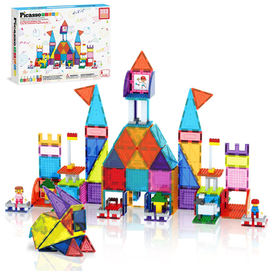 PicassoTiles 353pc magnetic brick combo shows open-ended construction possibilities for kids.