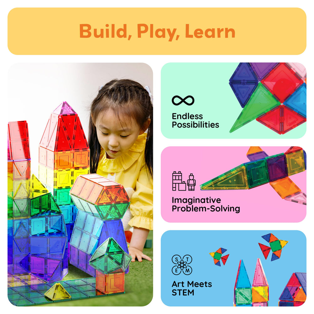 PicassoTiles 3D-building plates arranged into stacked towers to boost spatial awareness.