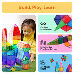 PicassoTiles 3D-building plates arranged into stacked towers to boost spatial awareness.