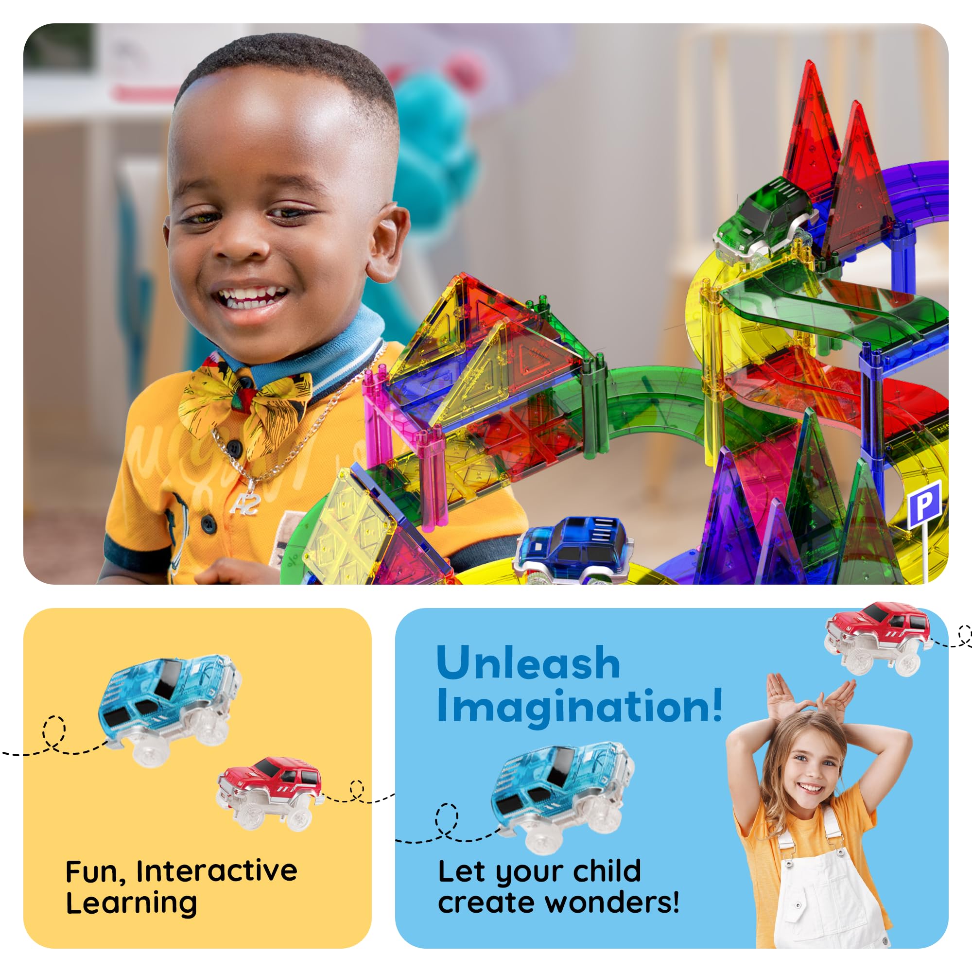 PicassoTiles 3D race track designs foster spatial reasoning and creativity.