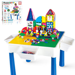 PicassoTiles 585pc table set with magnetic tiles for durable construction play.