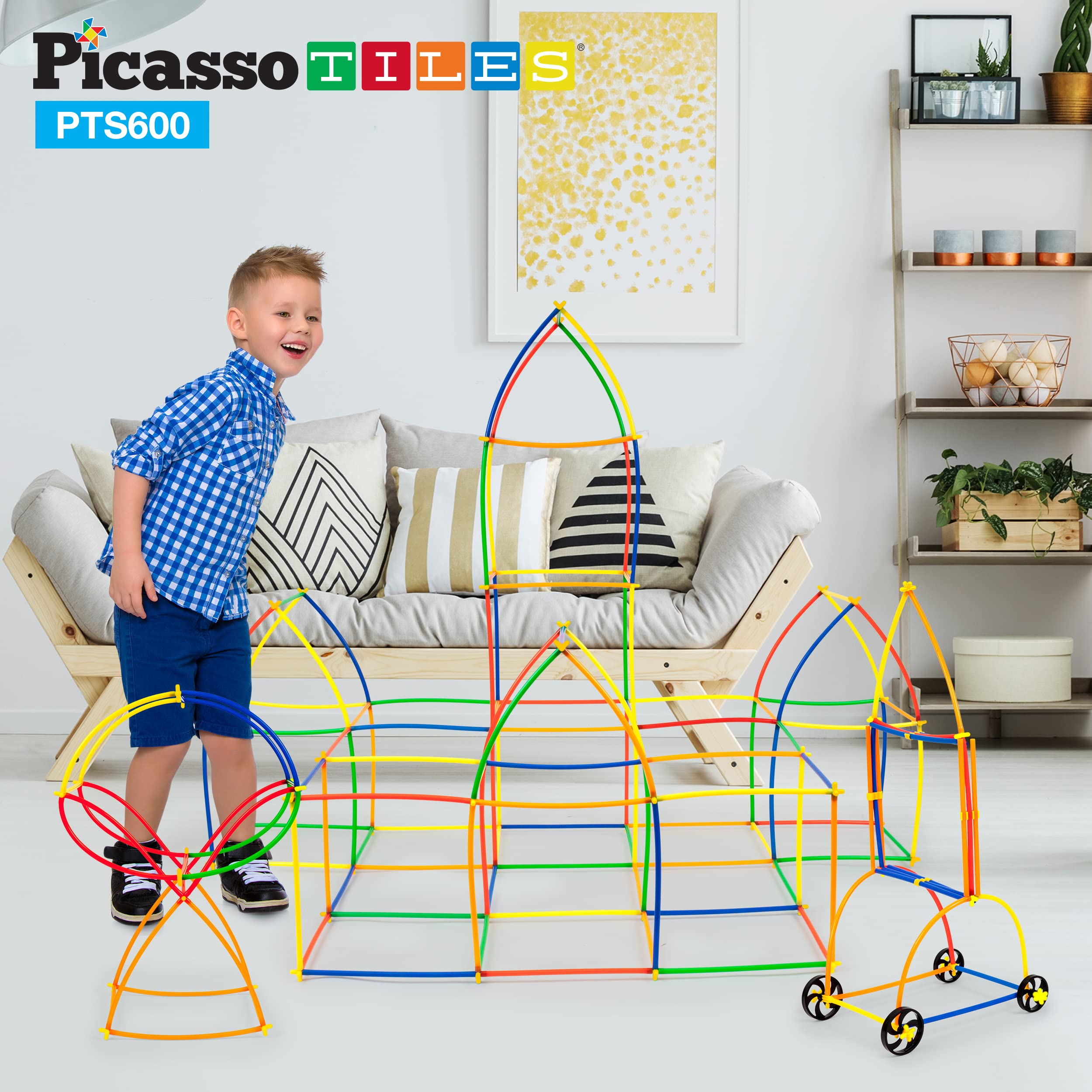 PicassoTiles 600pc straw set enables 3D and 2D construction possibilities.