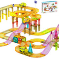 PicassoTiles 60pc race car track compact layout enables portable STEM play on the go.