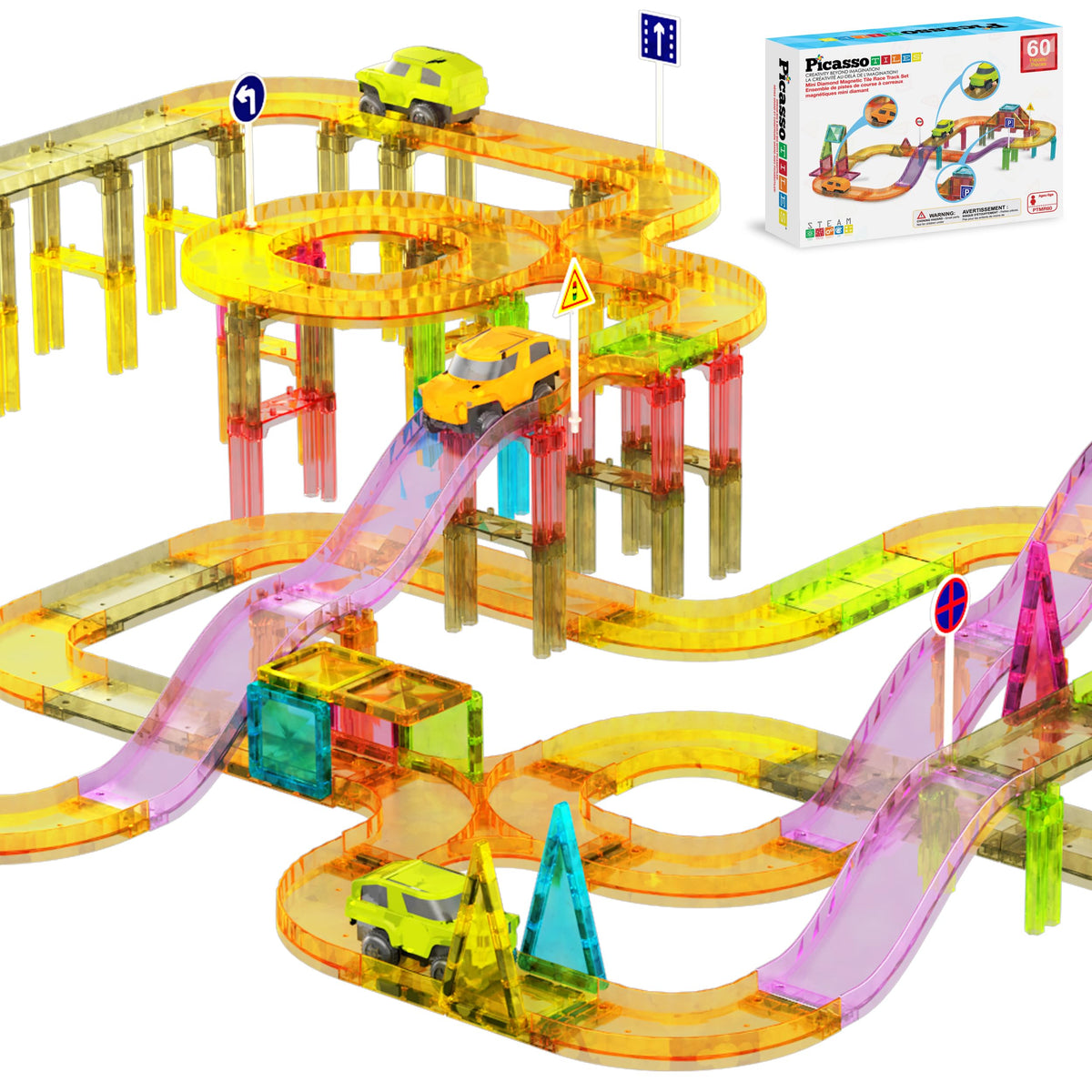 PicassoTiles 60pc race car track compact layout enables portable STEM play on the go.