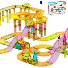 PicassoTiles 60pc race car track compact layout enables portable STEM play on the go.