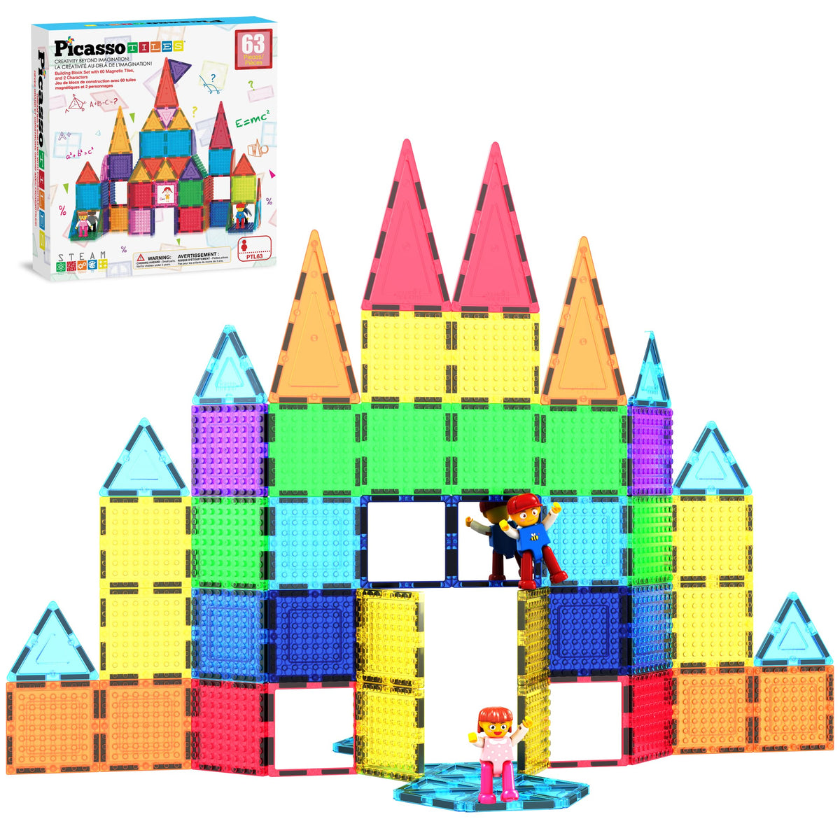 PicassoTiles 63pc magnetic tiles demonstrate magnets for stable towers