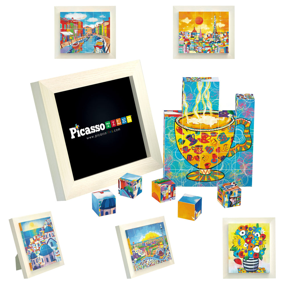 PicassoTiles 6-in-1 Park Guell puzzle cubes for creative art learning and fine motor practice.