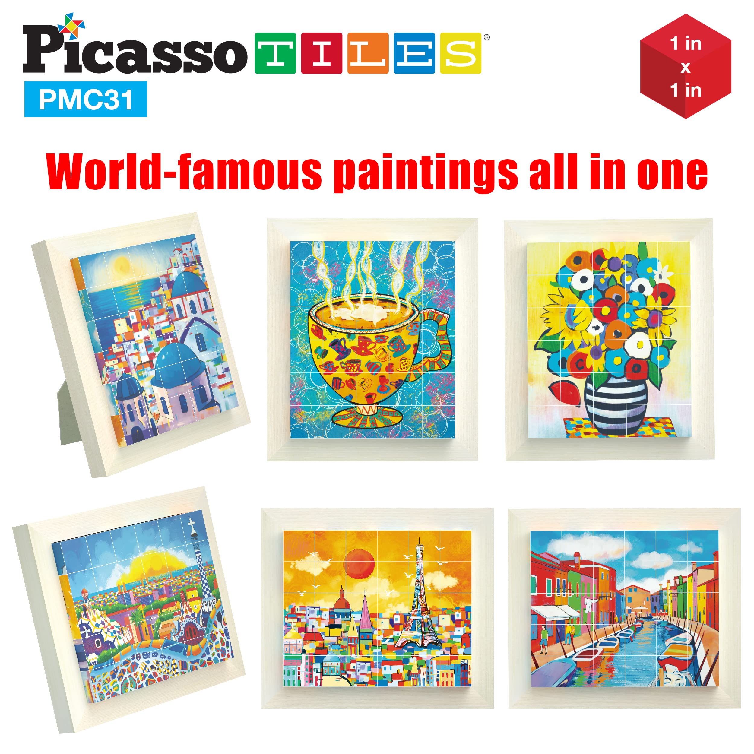 PicassoTiles 6-in-1 Santorini puzzle cubes for imaginative play and early art appreciation.