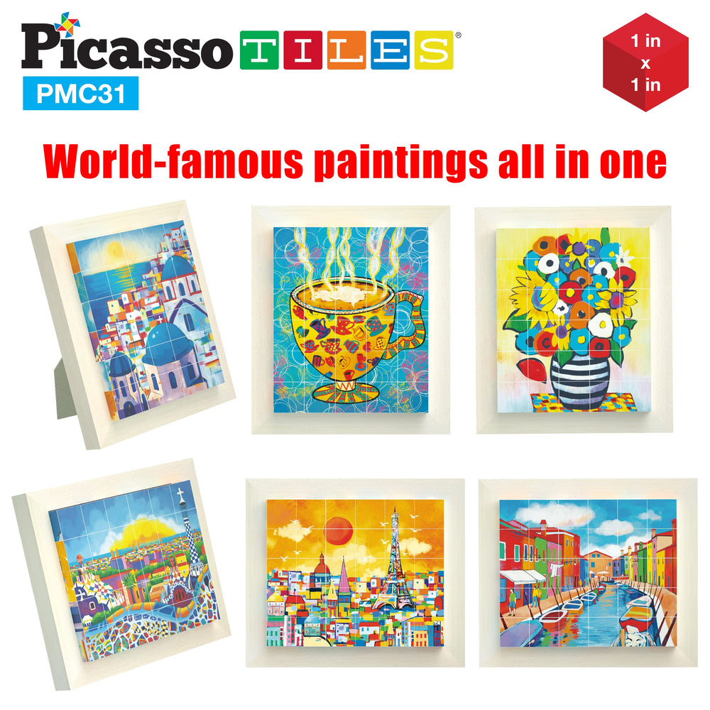 PicassoTiles 6-in-1 Santorini puzzle cubes for imaginative play and early art appreciation.