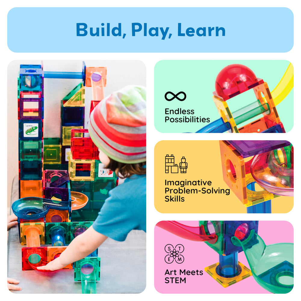 PicassoTiles 70pc magnetic tiles translucent showcasing colorful construction and magnet play.