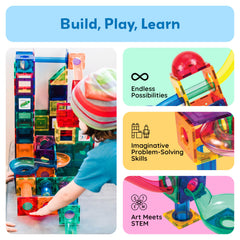 PicassoTiles 70pc magnetic tiles translucent showcasing colorful construction and magnet play.