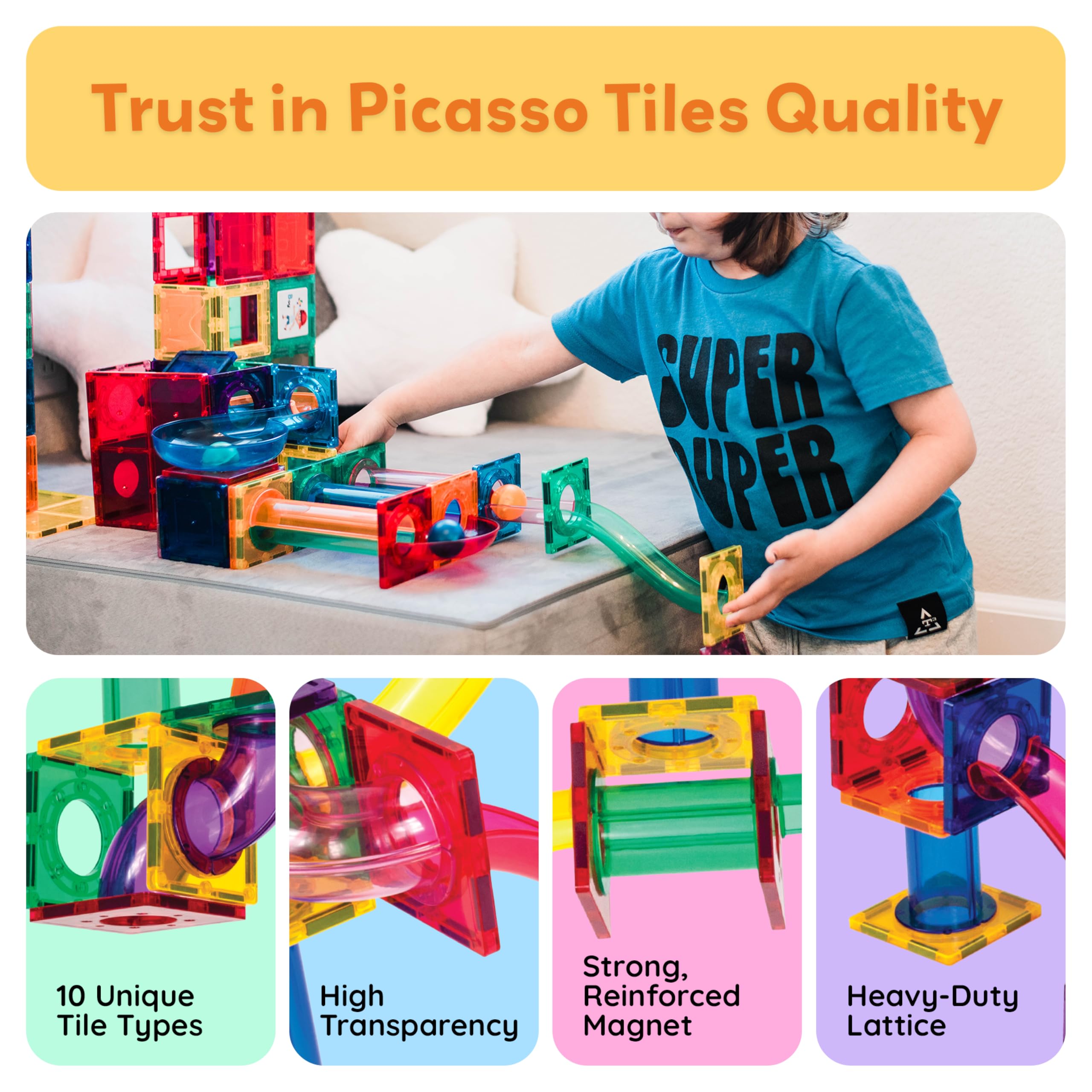 PicassoTiles 70pc marble race setup supports collaborative play and creative builders.