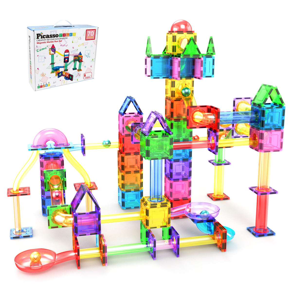 PicassoTiles 70pc marble run maze track for open-ended problem solving during play.
