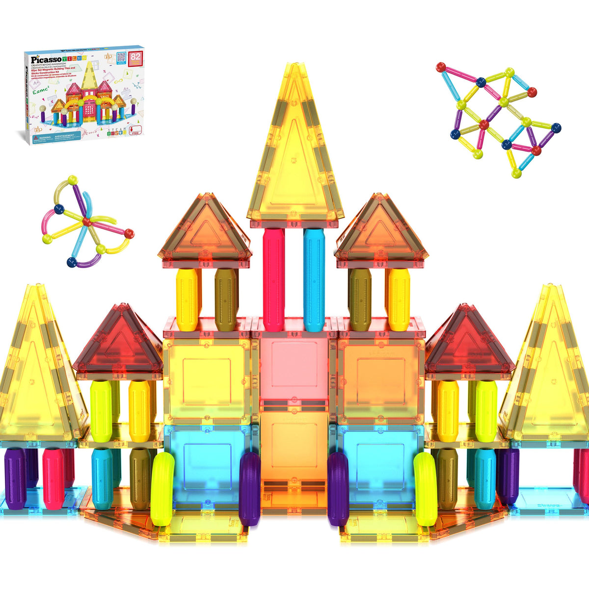 PicassoTiles 82-piece magnetic tiles assembly for creative play