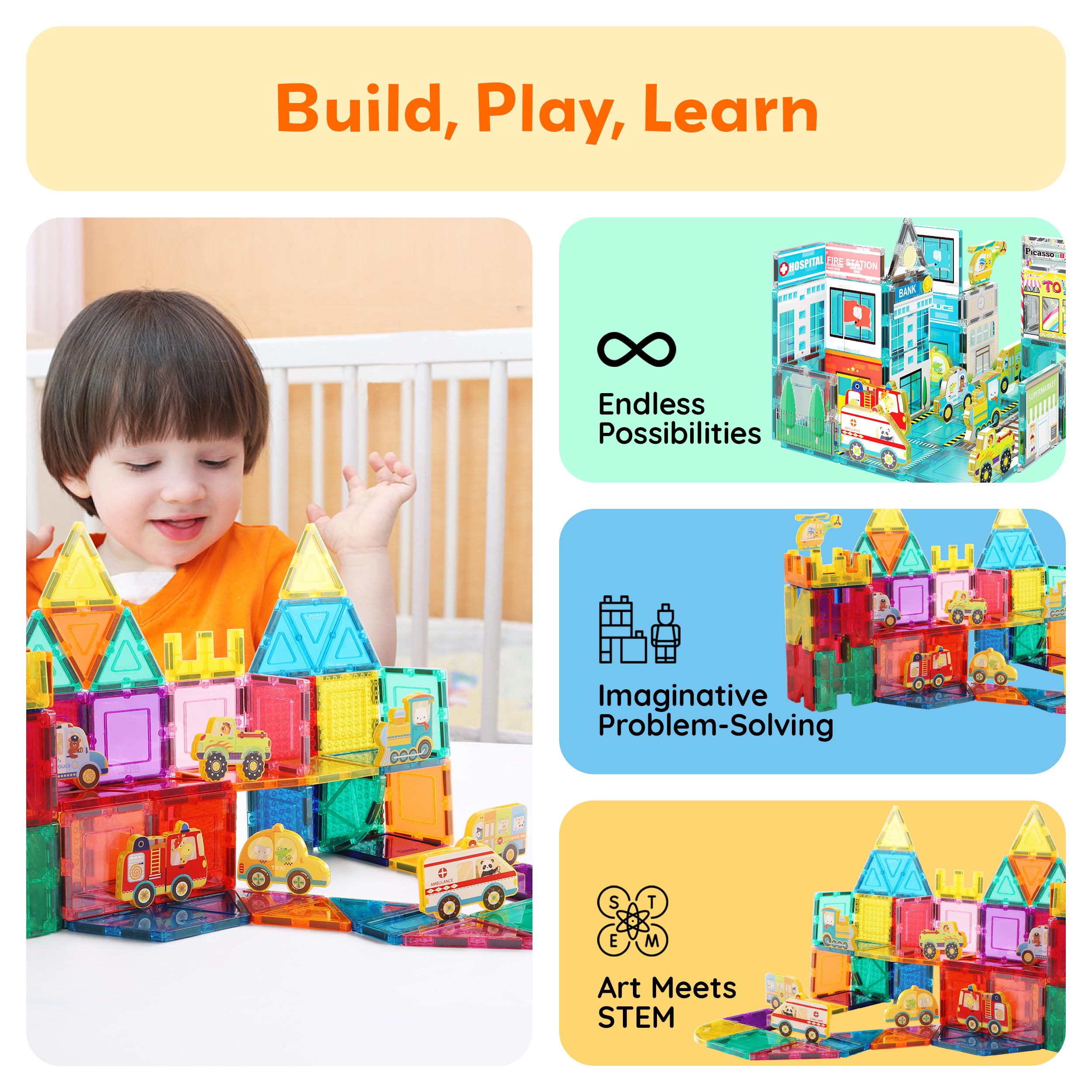PicassoTiles ambulance magnetized piece supports collaborative play and rescue-themed storytelling.