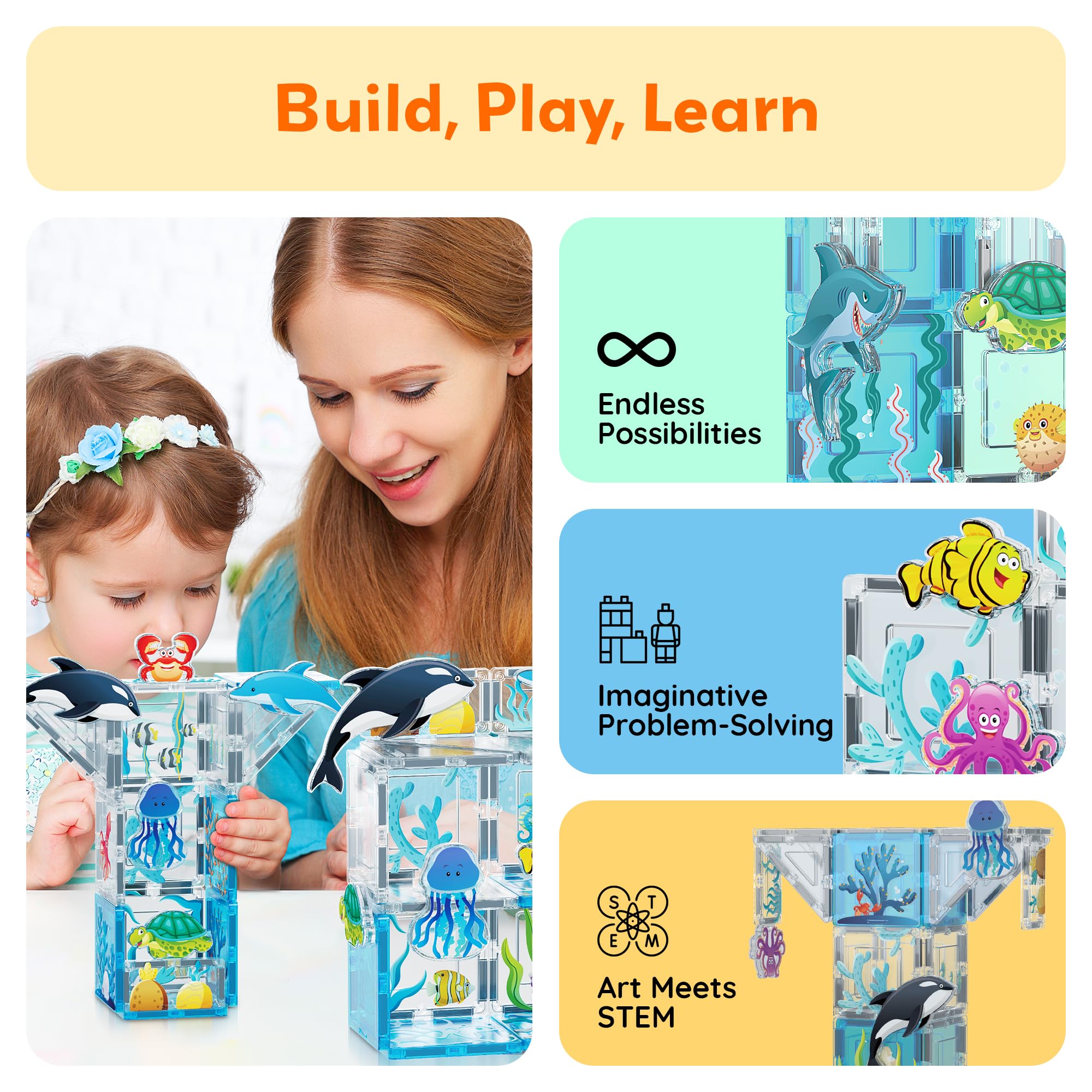 PicassoTiles aquarium dolphin figure invites imaginative adventures and STEM-inspired building.
