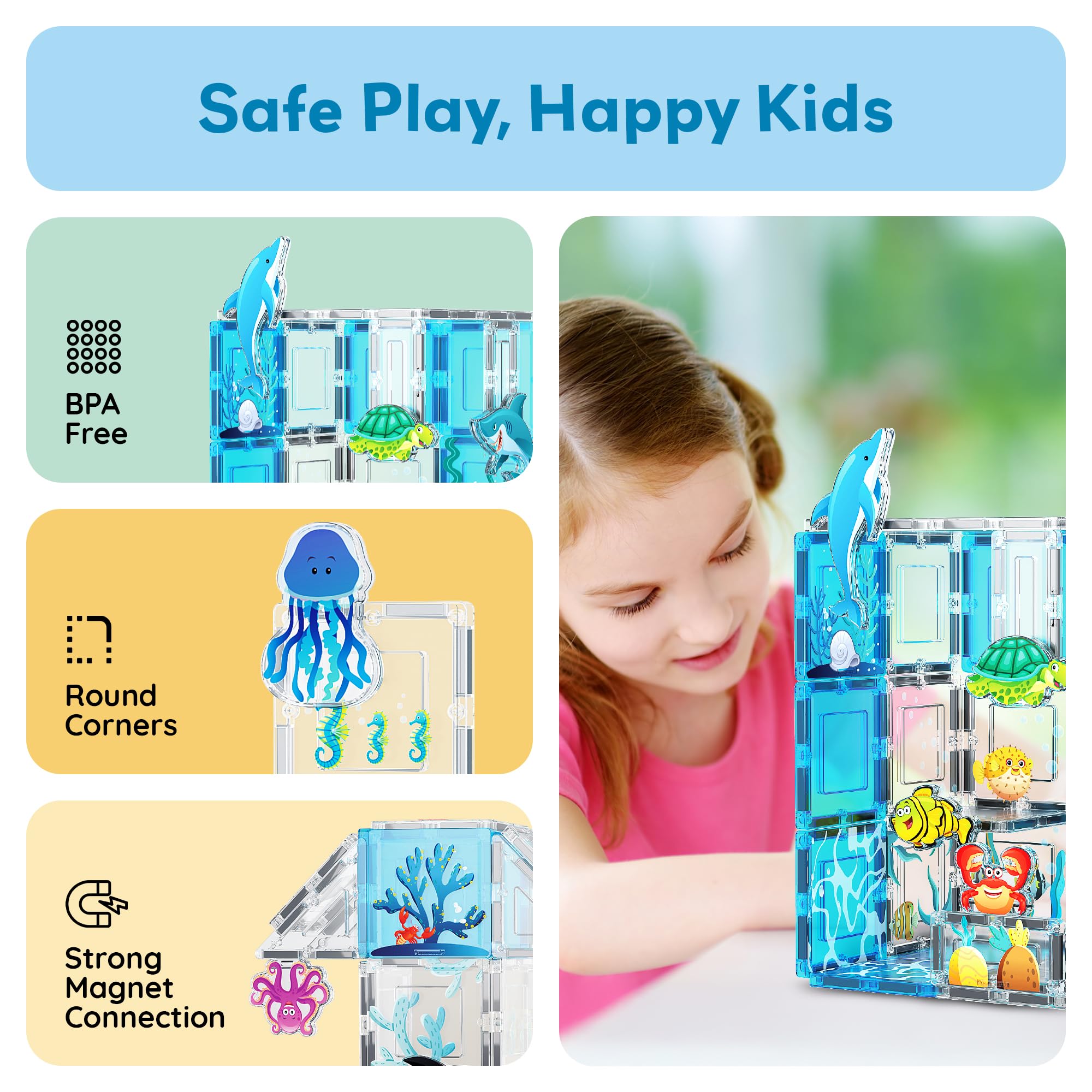 PicassoTiles aquarium sea turtle figure encourages story-driven construction.