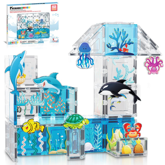 PicassoTiles aquarium set image featuring 44 magnetic blocks for imaginative marine building.