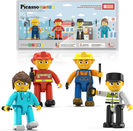 PicassoTiles astronaut figures front view support open-ended building play and magnetic connections.