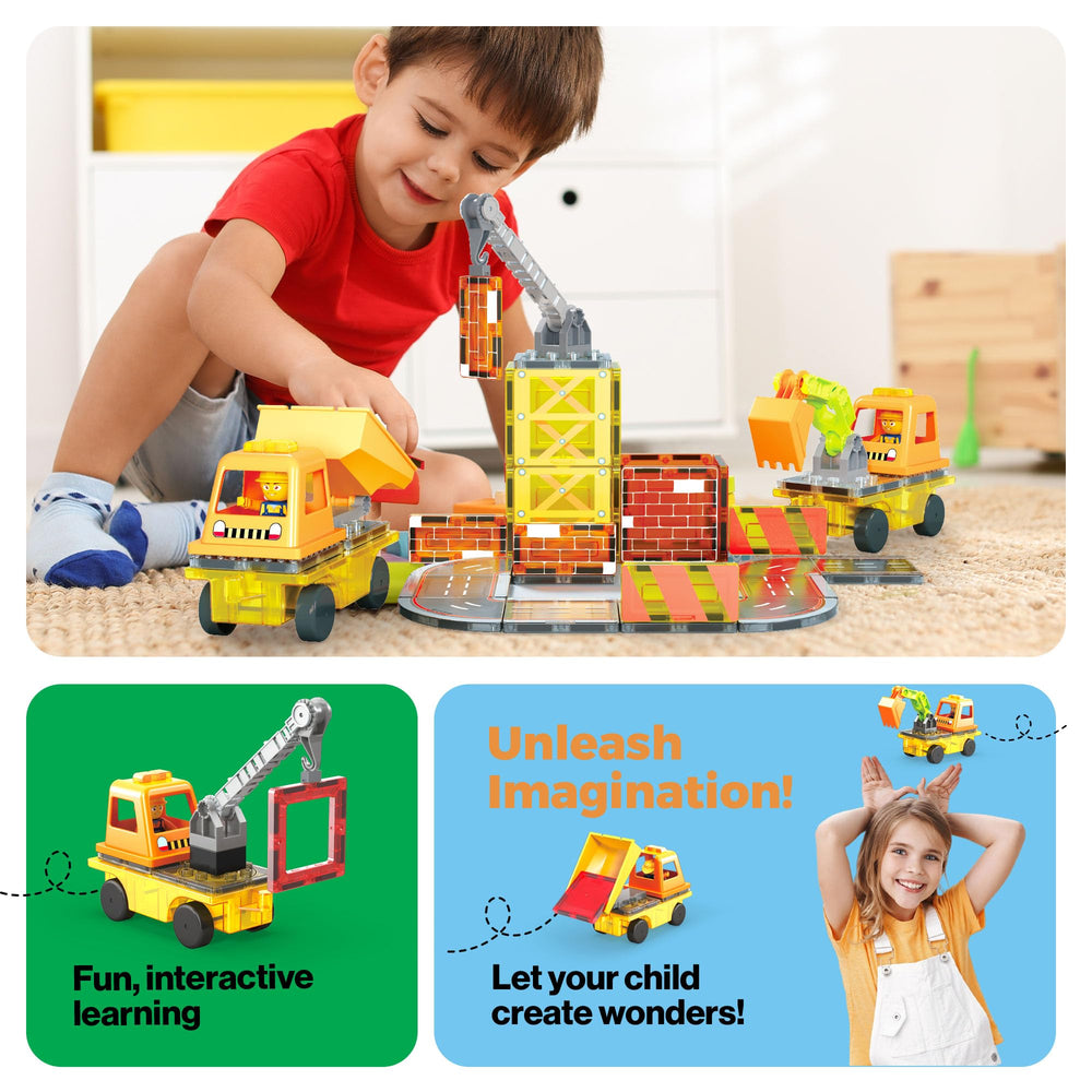PicassoTiles backhoe magnet tile sparks real-world construction imagination in little builders