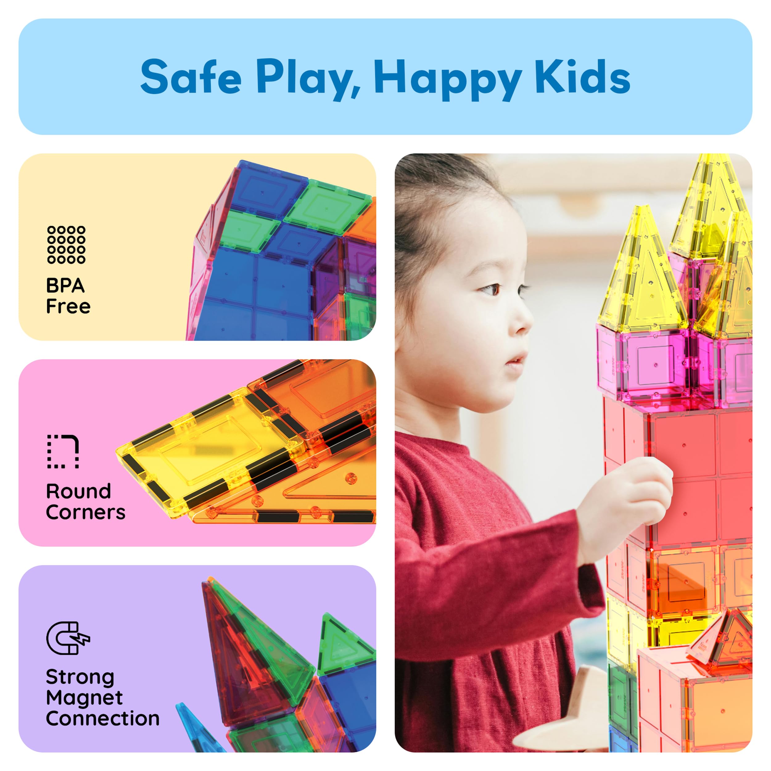 PicassoTiles BPA-free safety tiles with smooth edges for safe play.