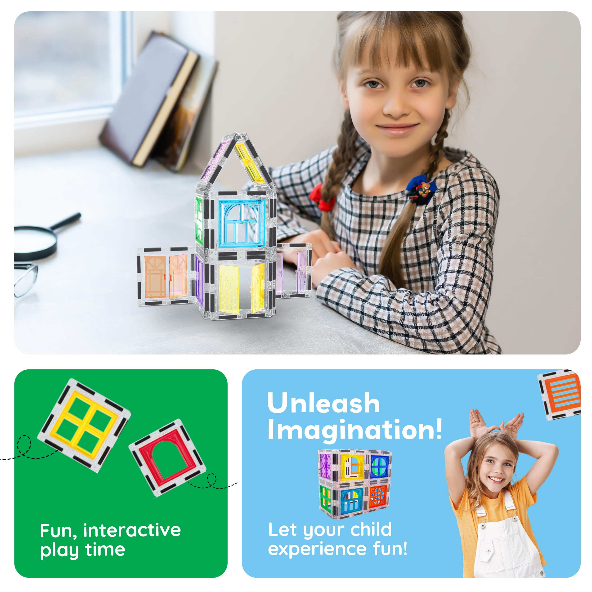 PicassoTiles build towers and castles with reinforced magnets for taller designs.