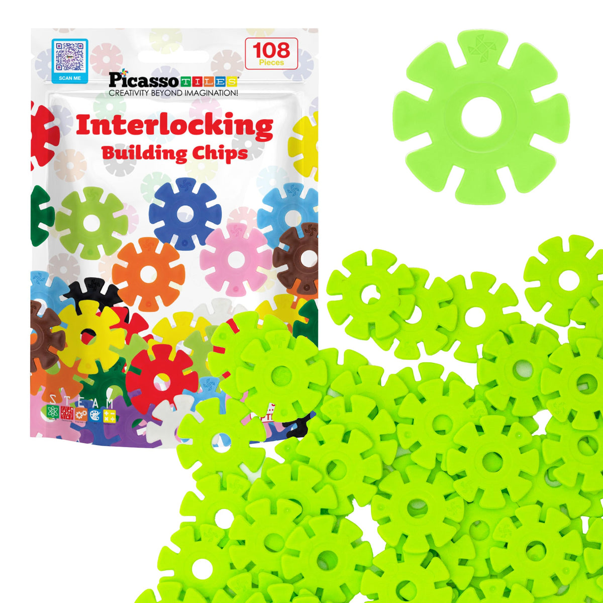 PicassoTiles Building Chips interlocking discs in light green for hands-on STEM play.