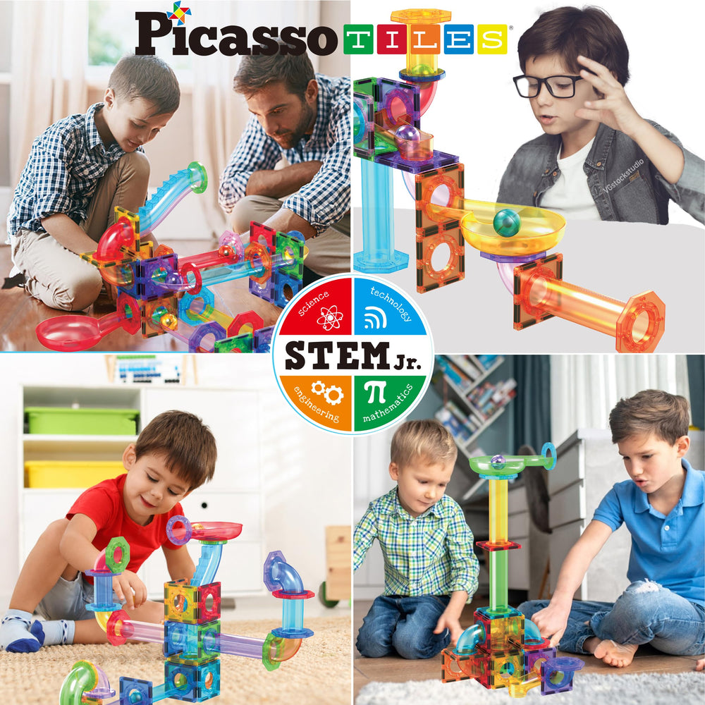 PicassoTiles building parts like columns and slopes spark creative marble path design.