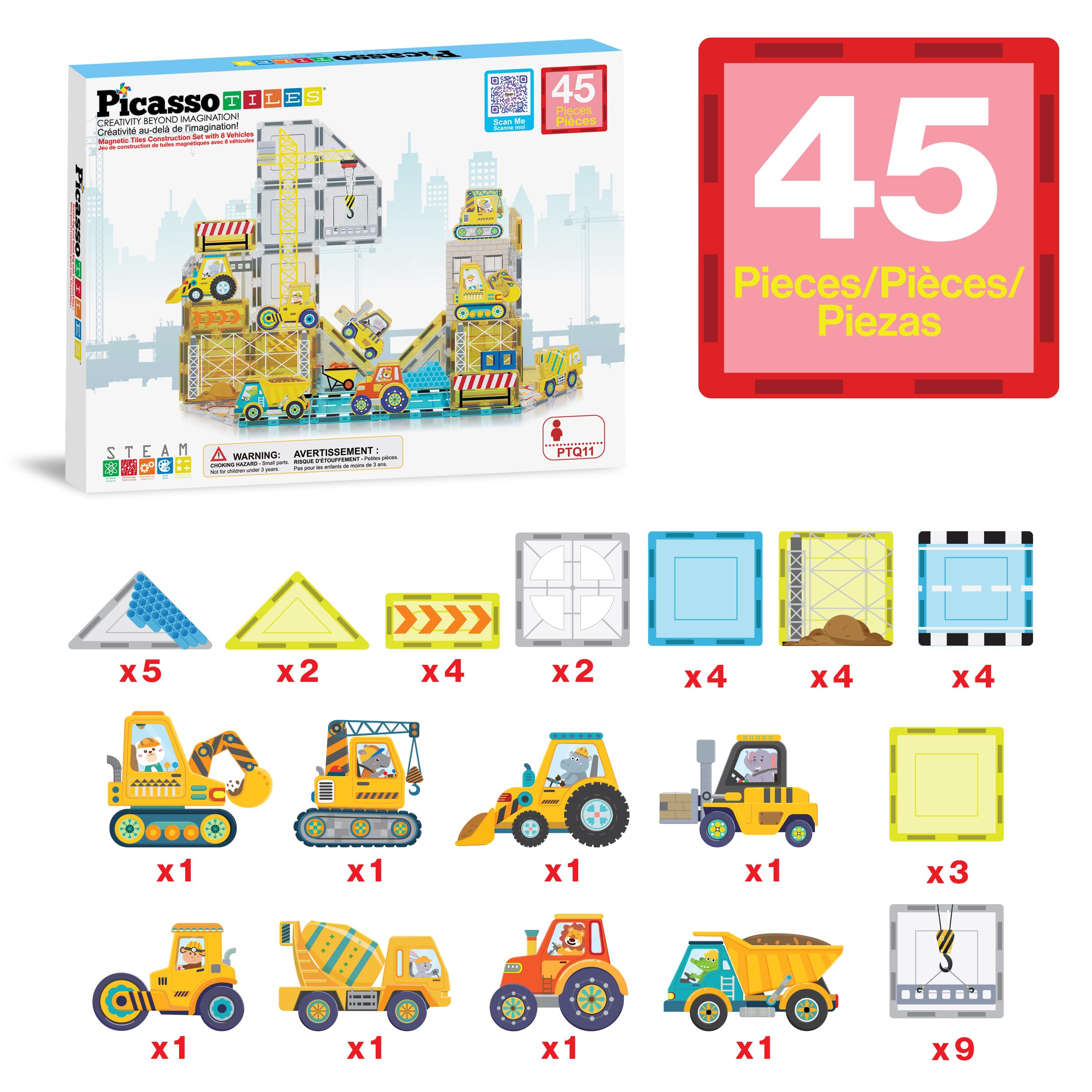 PicassoTiles bulldozer magnet tiles for open-ended build-and-learn sessions.